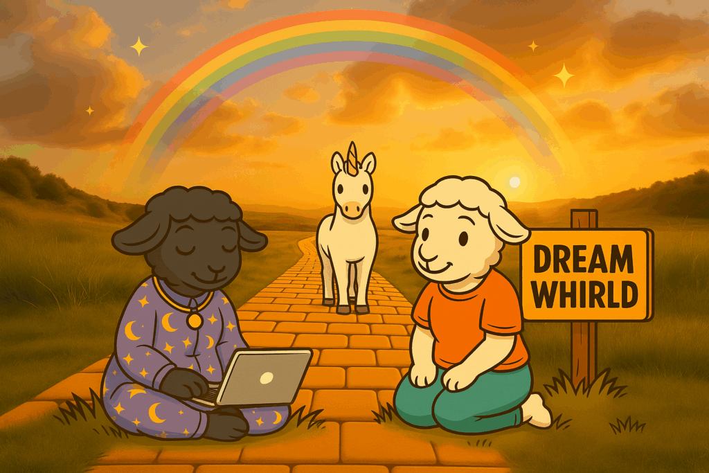 Cartoon sheep with laptop, unicorn on dream road