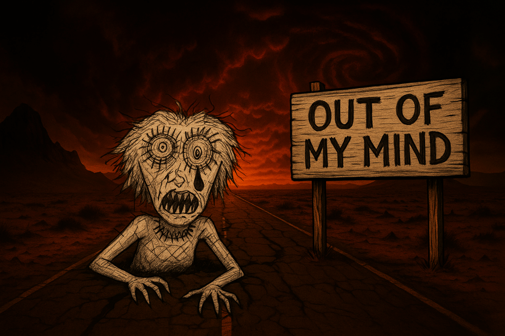 Creepy creature beside Out of My Mind sign