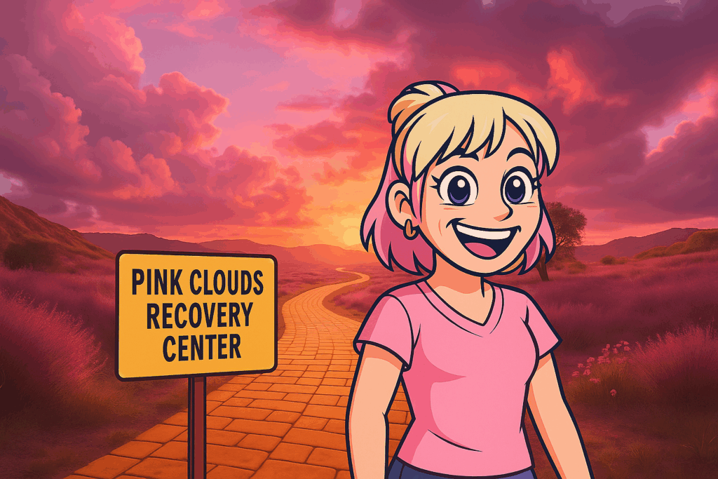 Cartoon woman by Pink Clouds Recovery sign