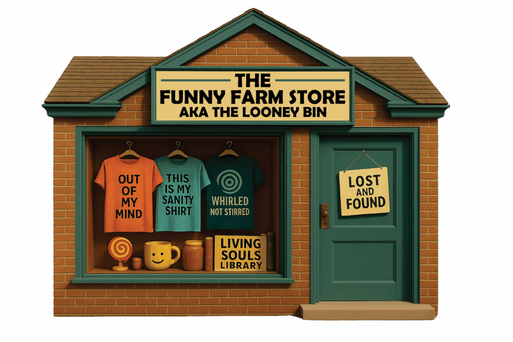 Novelty storefront with humorous shirts and signs
