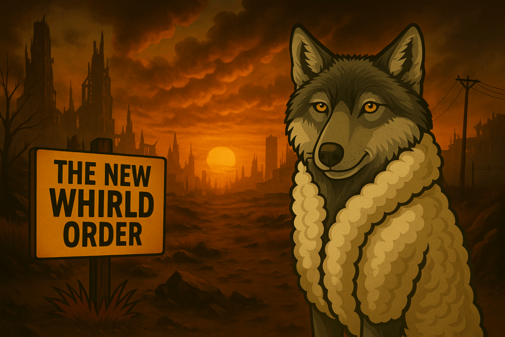 Wolf beside sign reading 'The New Whirld Order'