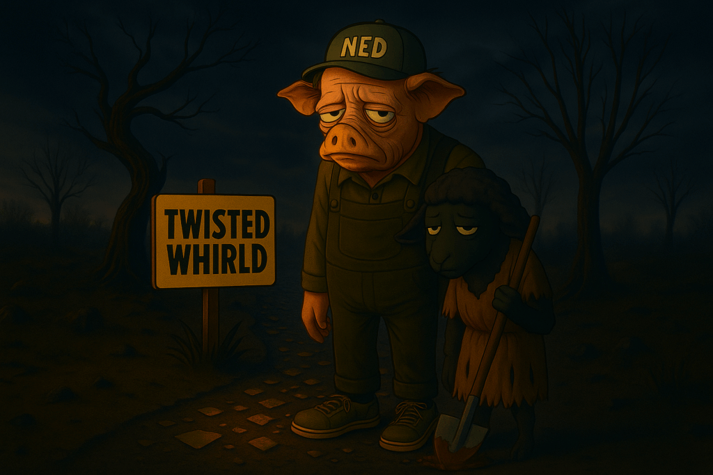 Pig-headed worker and child by "Twisted Whirld" sign