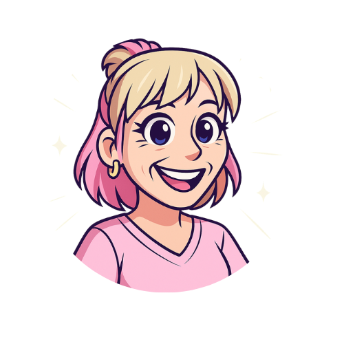 Smiling cartoon woman with pink hair