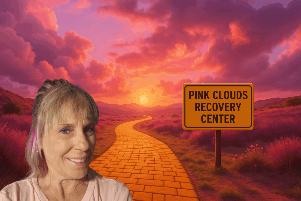 Woman by Pink Clouds Recovery Center sign
