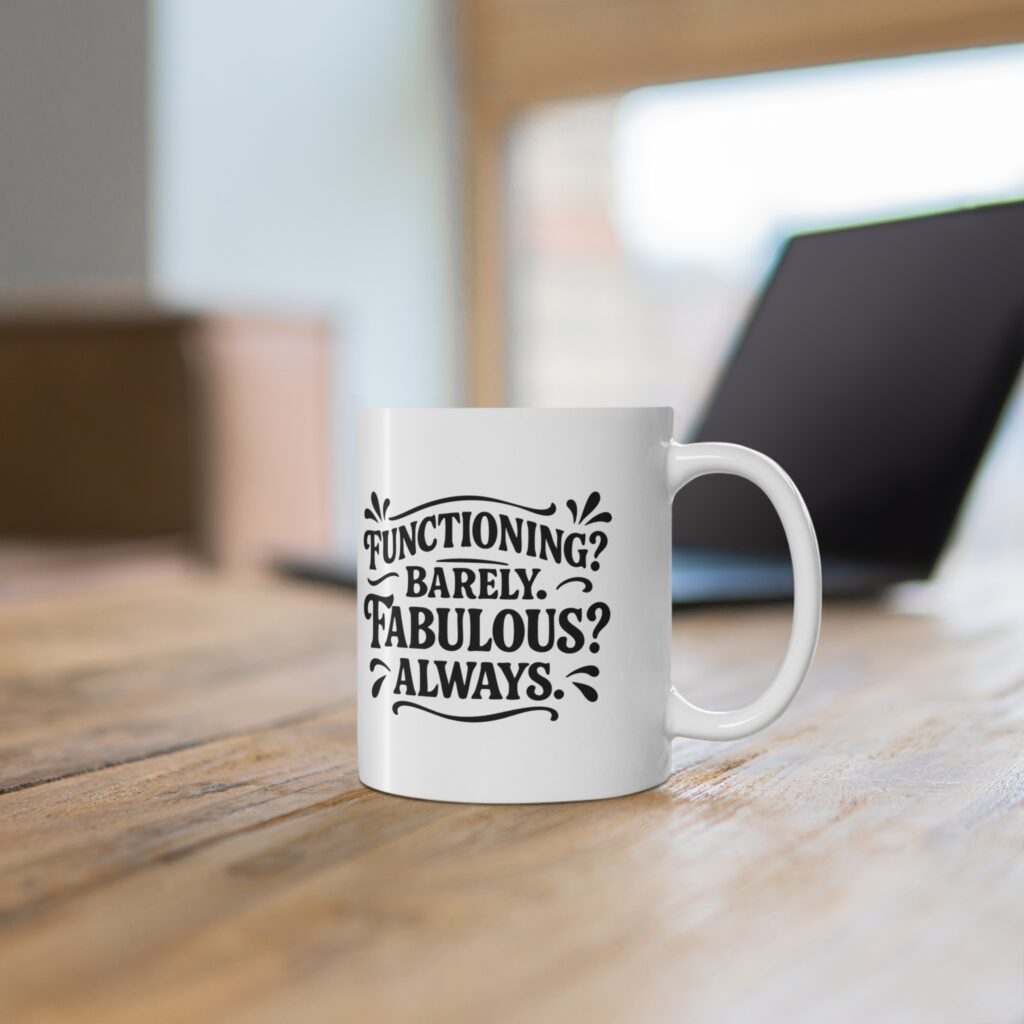 White mug reading "Functioning? Barely. Fabulous? Always.