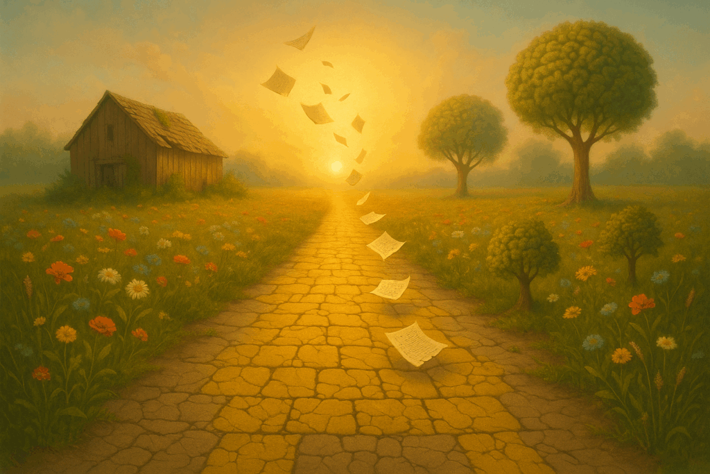 Sunlit path with floating papers and barn