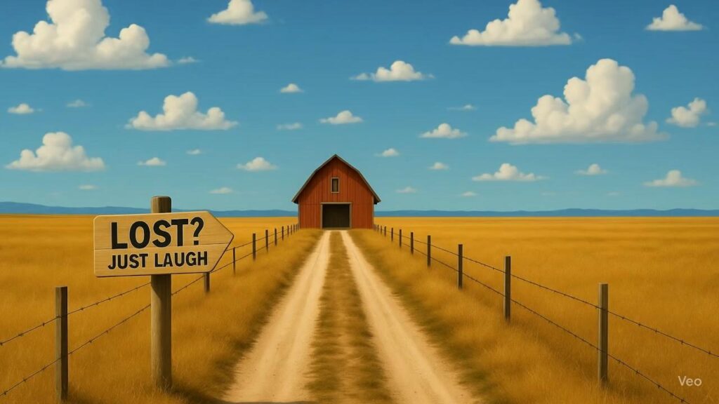 Dirt road to red barn with 'LOST?' sign