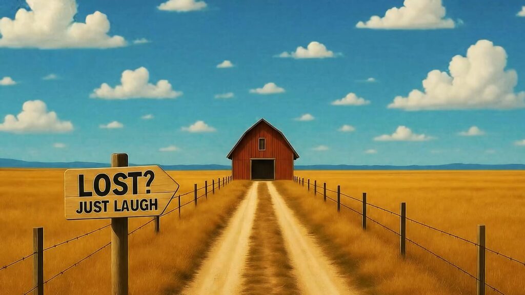 Red barn with "Lost? Just Laugh" sign