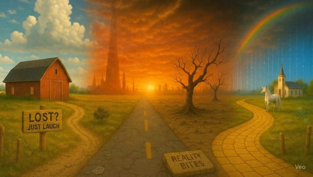 Surreal split landscape with unicorn, rainbow, dark road