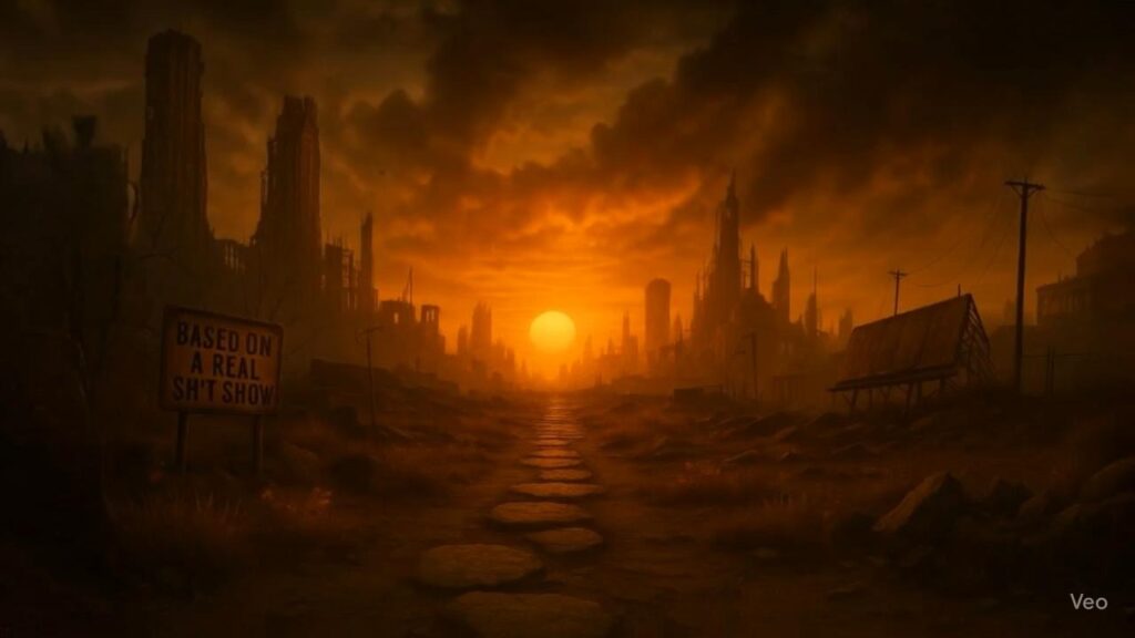 Post-apocalyptic cityscape at orange sunset
