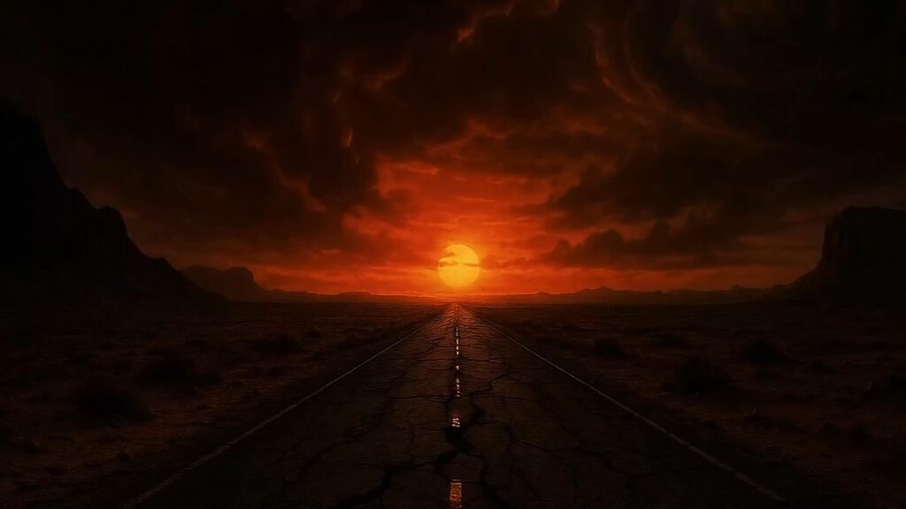 Cracked desert road under dramatic red sunset
