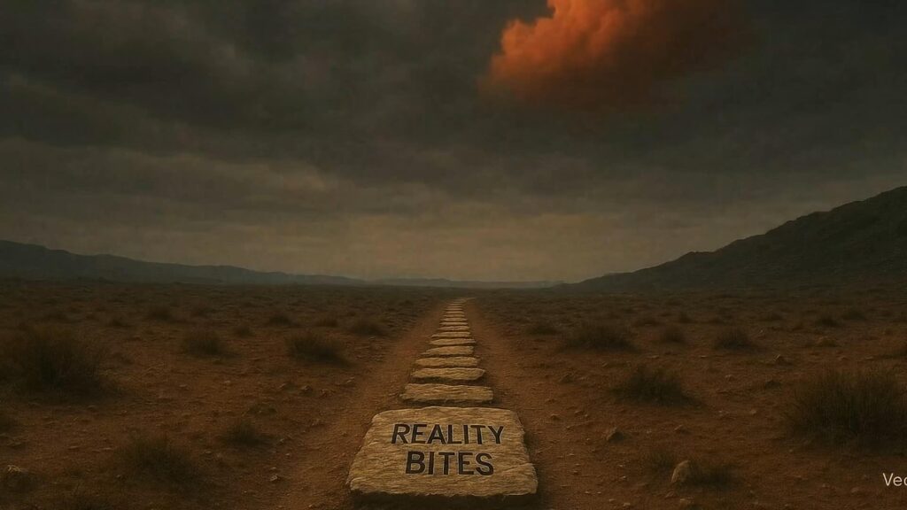 Stone path in desert engraved "Reality Bites